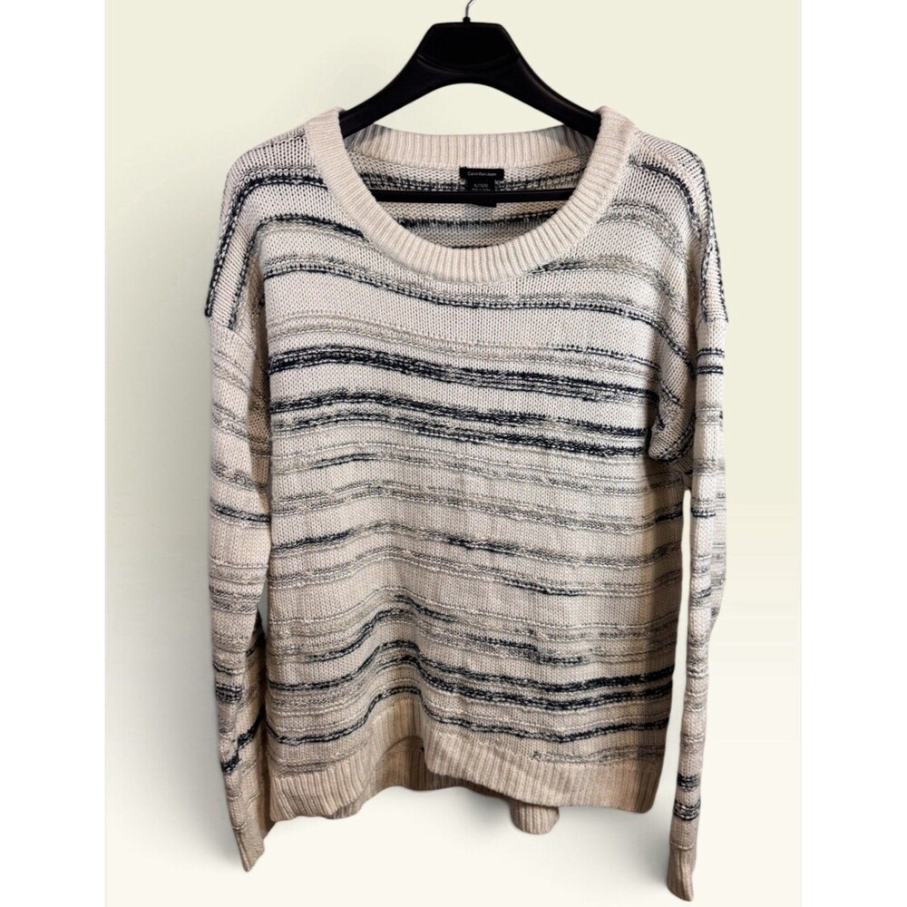 Calvin Klein Jeans Sweater Womens XL Ivory Navy Striped Chunky Knit Crewneck